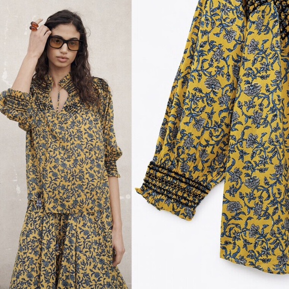 Zara Tops - ZARA Floral Print Smocked Tie Neck Blouse Mustard/Blue Sz XLarge Boho Cotton